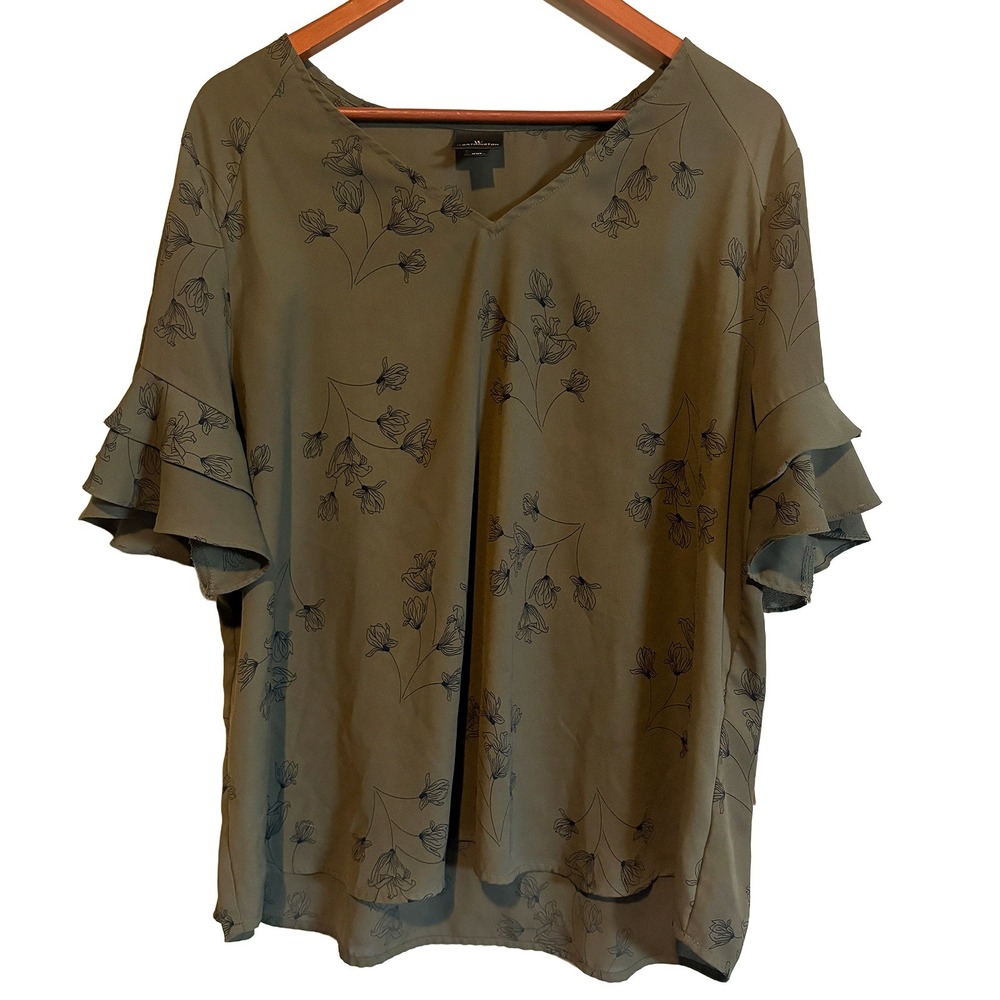 Worthington Olive Green Floral V-Neck Tiered Ruffle Sleeve Blouse Top Womens XXL - Picture 2 of 9